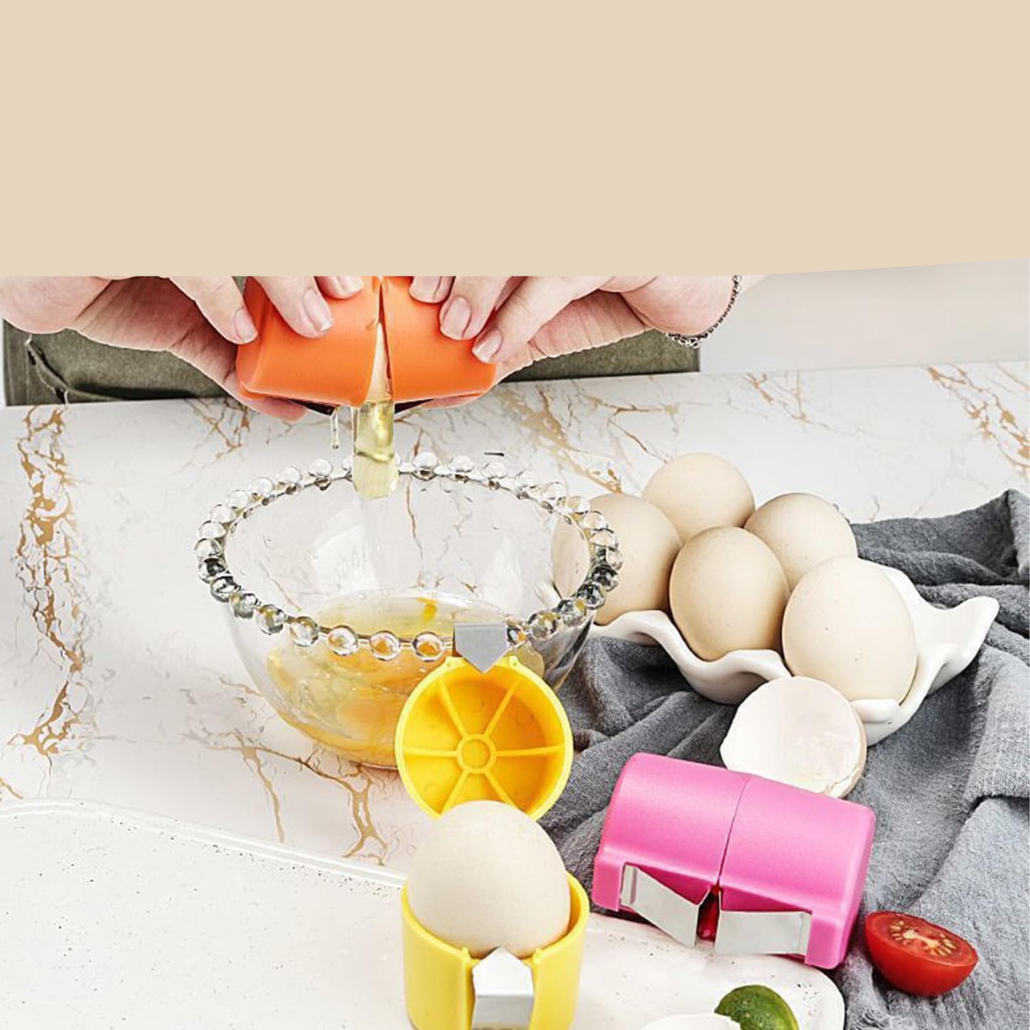 Person using an egg separator with text about food-grade material, surrounded by eggs and kitchen items on a marble surface.