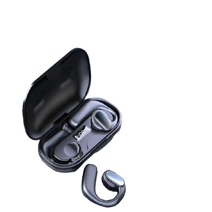 Black wireless earbuds with charging case on a gray background with feature text.
