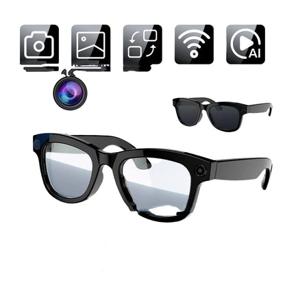 Sports glasses cam with features like camera, image, video, WiFi, and AI voice on a blue background.