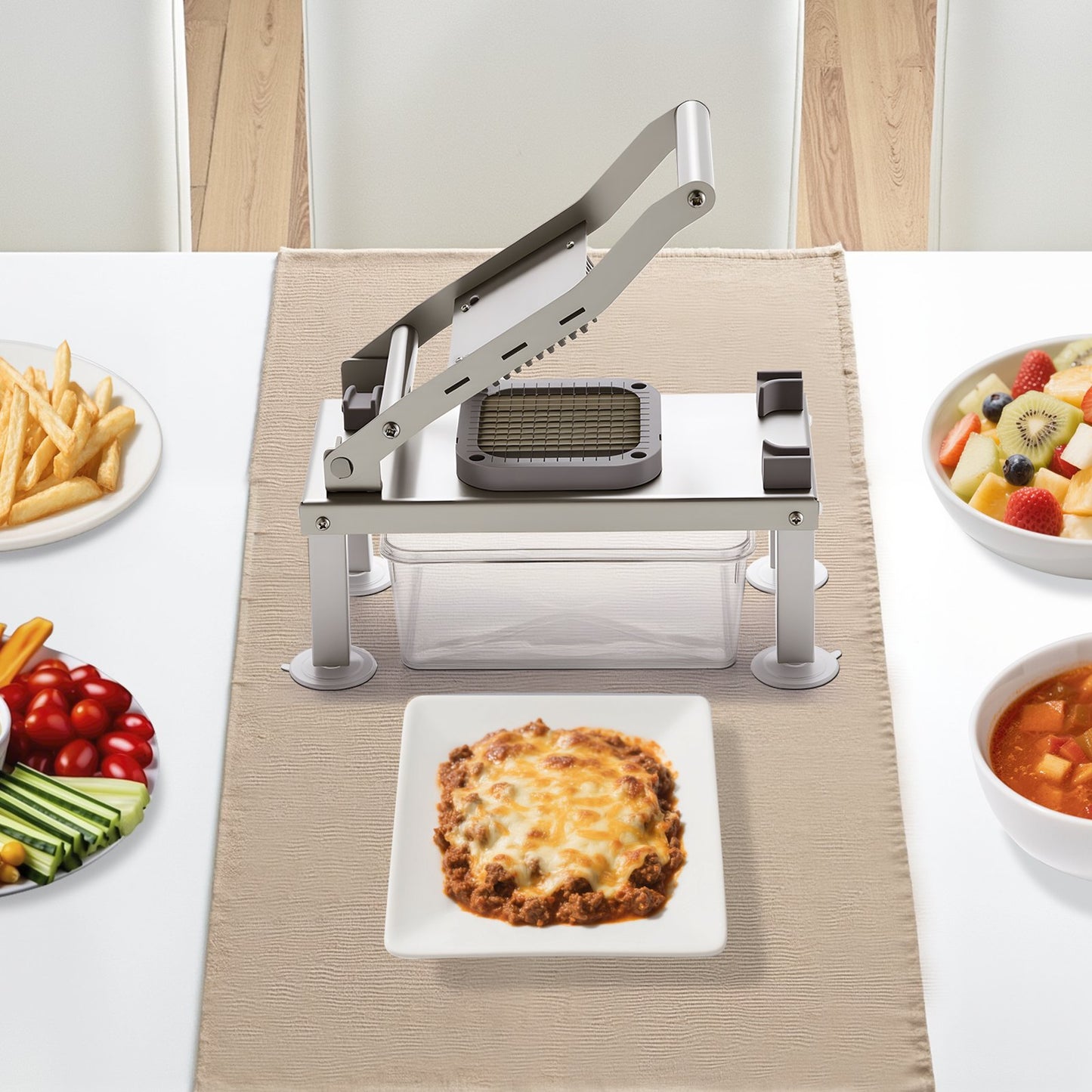 Pasta press on a table with plates of food including lasagna, fruits, and vegetables.