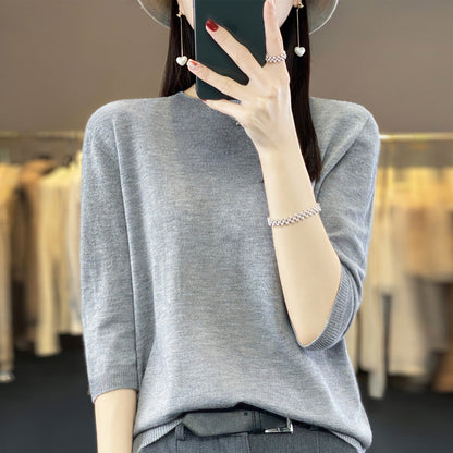 Front Line Ready-made Garments Worsted Sweater Half Sleeve Round Neck Pure Color All-matching Loose T-shirt