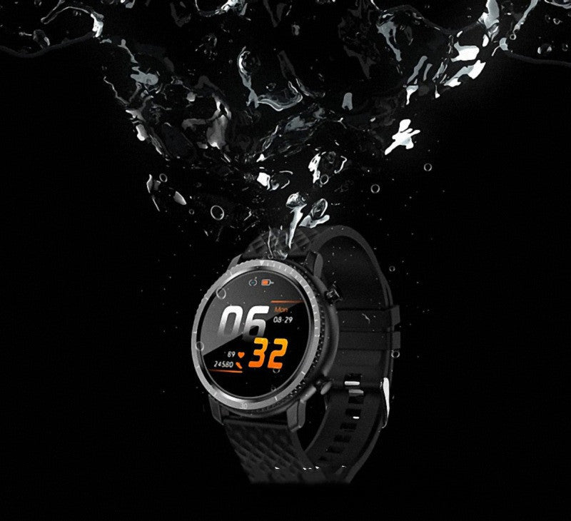 Smartwatch being submerged in water with digital display showing time and heart rate.