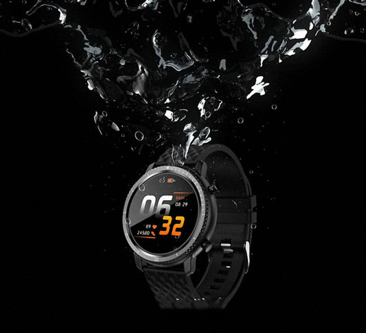 Smartwatch being submerged in water with digital display showing time and heart rate.