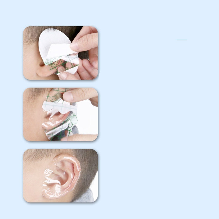 Instructions for using earplugs with step-by-step images and text on a blue background.