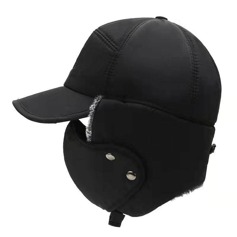 Black winter cap with ear flaps on a white background