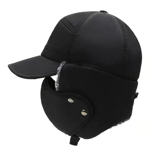 Black winter cap with ear flaps on a white background