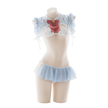 Lolita-style outfit with ruffled sleeves and skirt on a mannequin against a white background