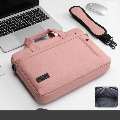Black laptop bag with a handle and zipper closure, displayed next to a laptop and a mouse, with an inset showing the interior of the bag.
