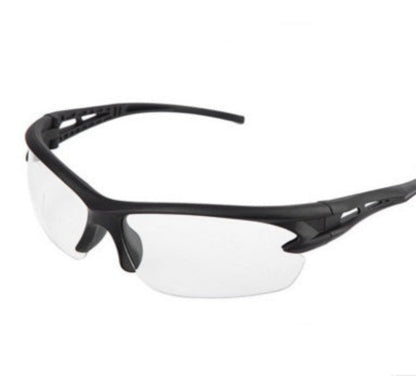 A pair of black sports sunglasses designed for outdoor activities, featuring a wraparound design and UV protection lenses.