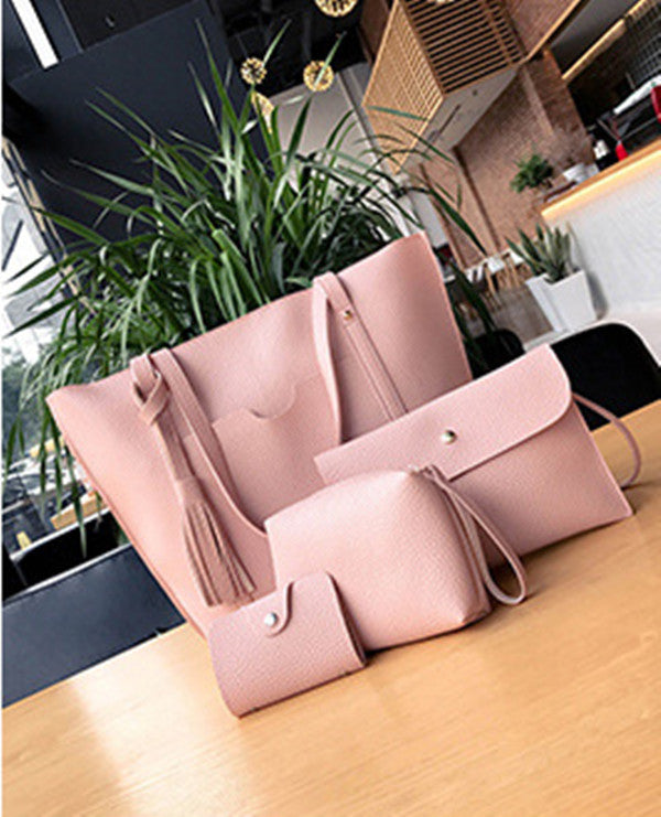 Oblique Cross Bag Lychee Pattern Tassel Four-piece Handbag