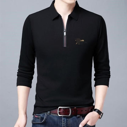 Spring And Autumn Men Long Sleeve Lapel Half Zip T Shirt