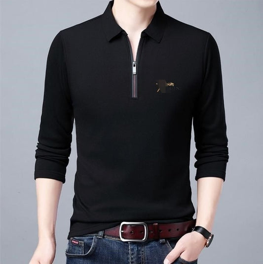 Spring And Autumn Men Long Sleeve Lapel Half Zip T Shirt