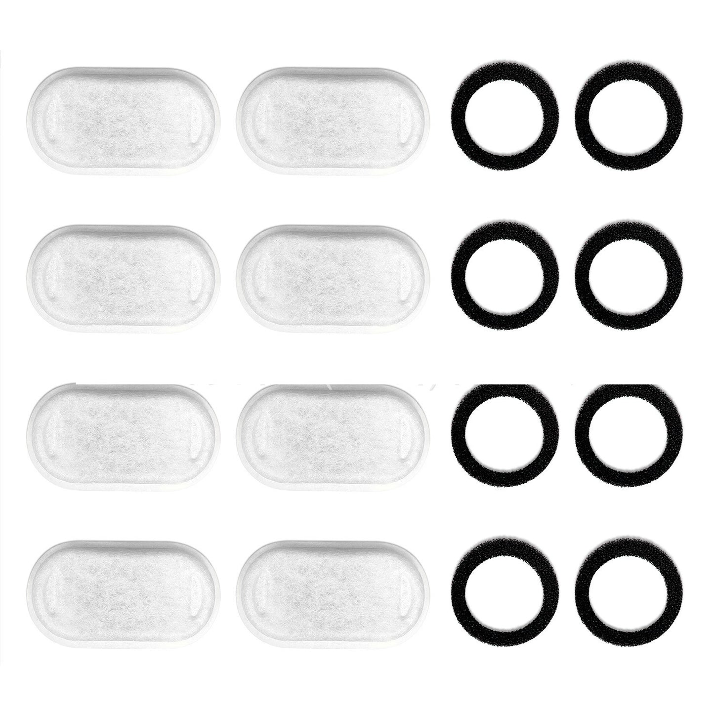Set of white oval filters and black rubber o-rings on a white background