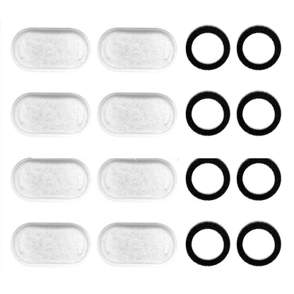 Set of white oval filters and black rubber o-rings on a white background