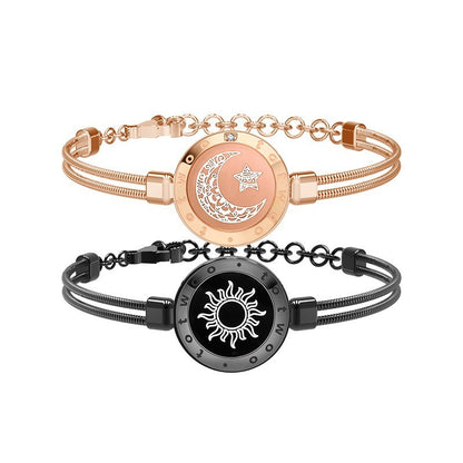 Two bracelets with circular designs featuring celestial symbols on a white background.