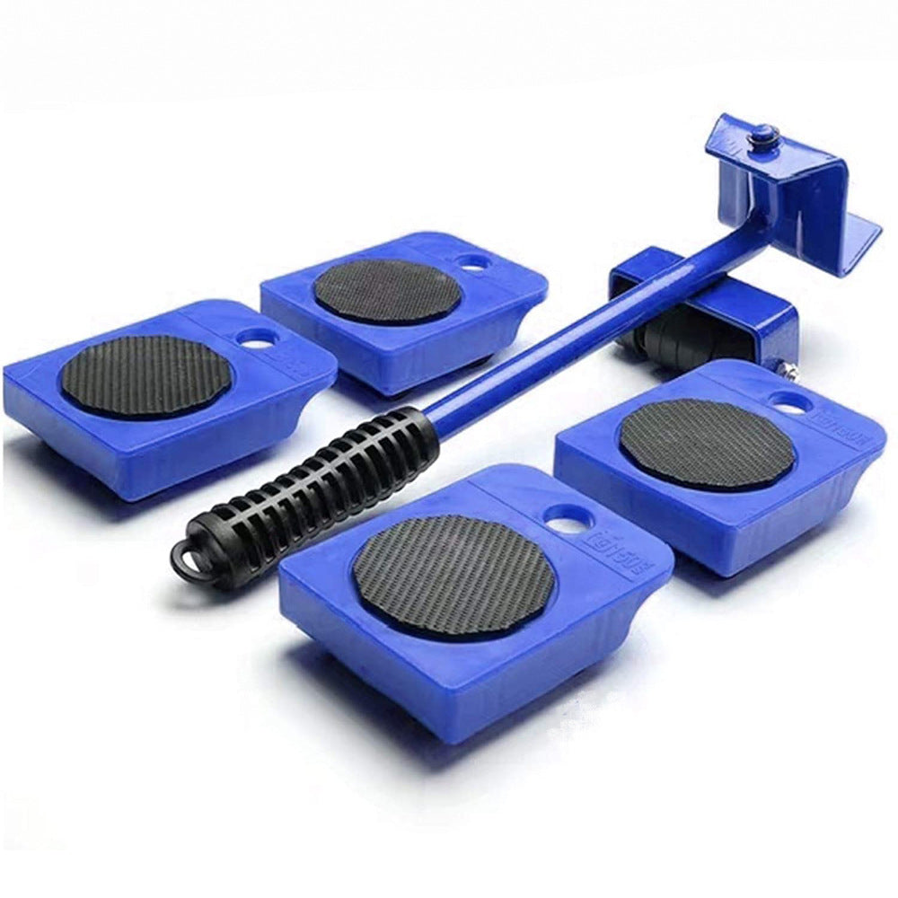 Blue mechanical device with black components on a white background