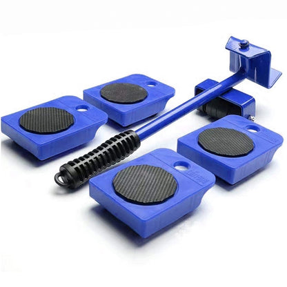 Blue mechanical device with black components on a white background