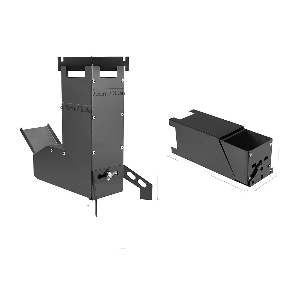 Black metal stand with unfolded and folded dimensions displayed on a white background