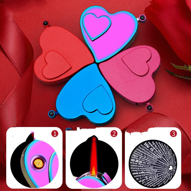 Heart-shaped device with three different views on a red background