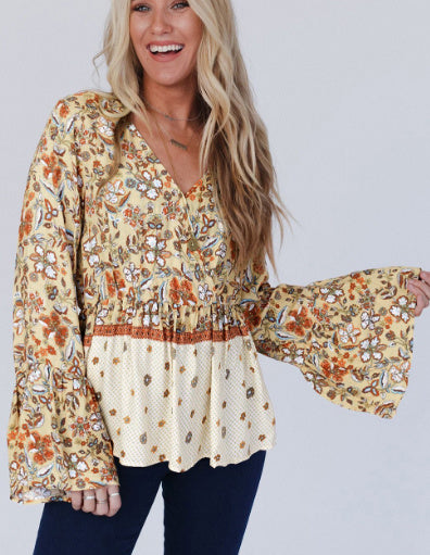 Yellow Printed Floral Bell Sleeve V Neck Wrapped Contrast Peplum Blouse