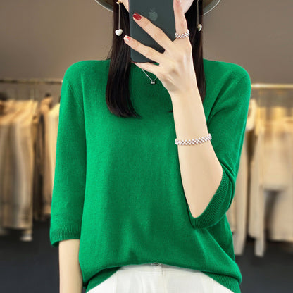 Front Line Ready-made Garments Worsted Sweater Half Sleeve Round Neck Pure Color All-matching Loose T-shirt
