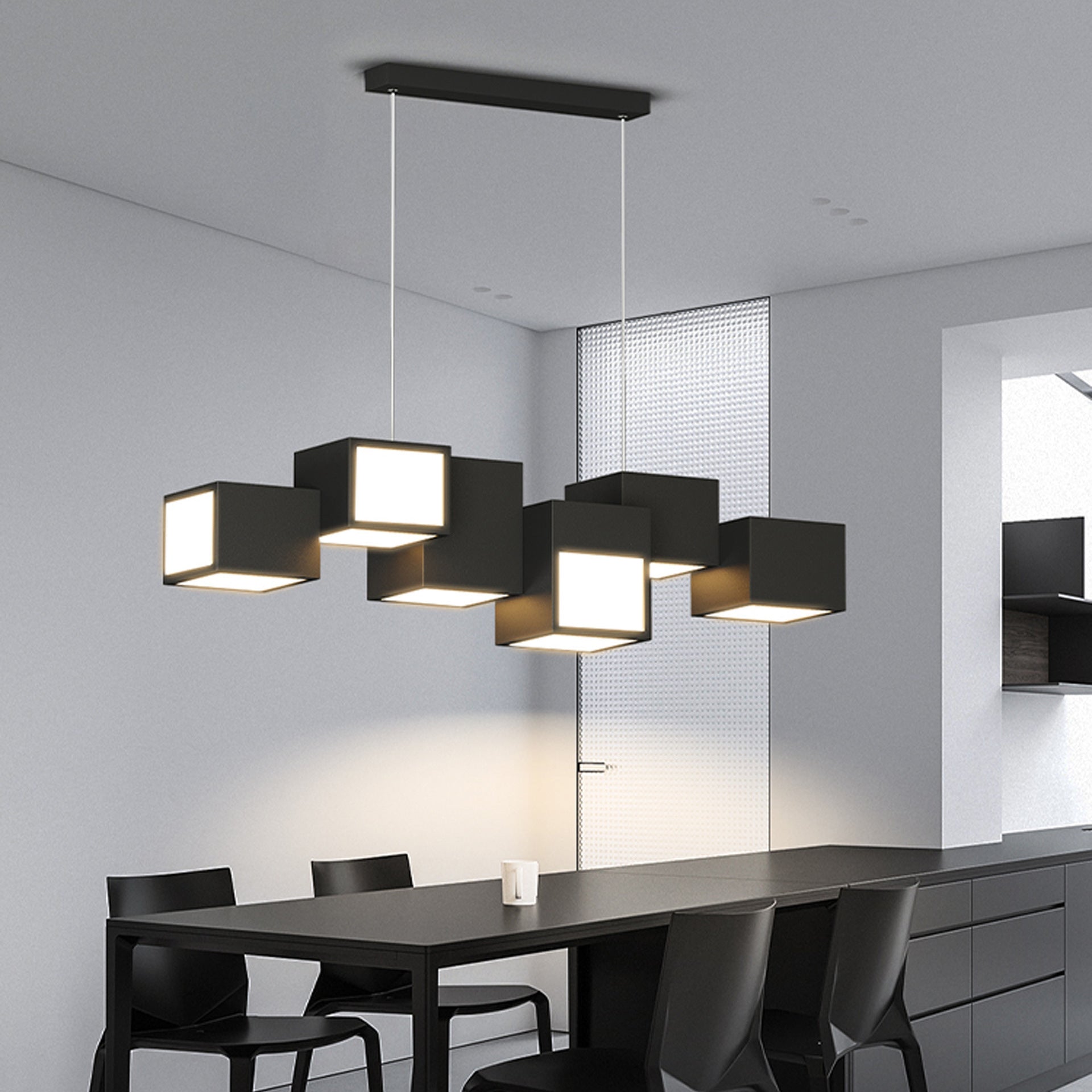 A modern black ceiling-mounted pendant light with multiple square-shaped灯heads hanging over a dining table in a contemporary room setting.