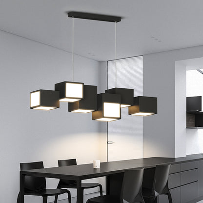 A modern black ceiling-mounted pendant light with multiple square-shaped灯heads hanging over a dining table in a contemporary room setting.