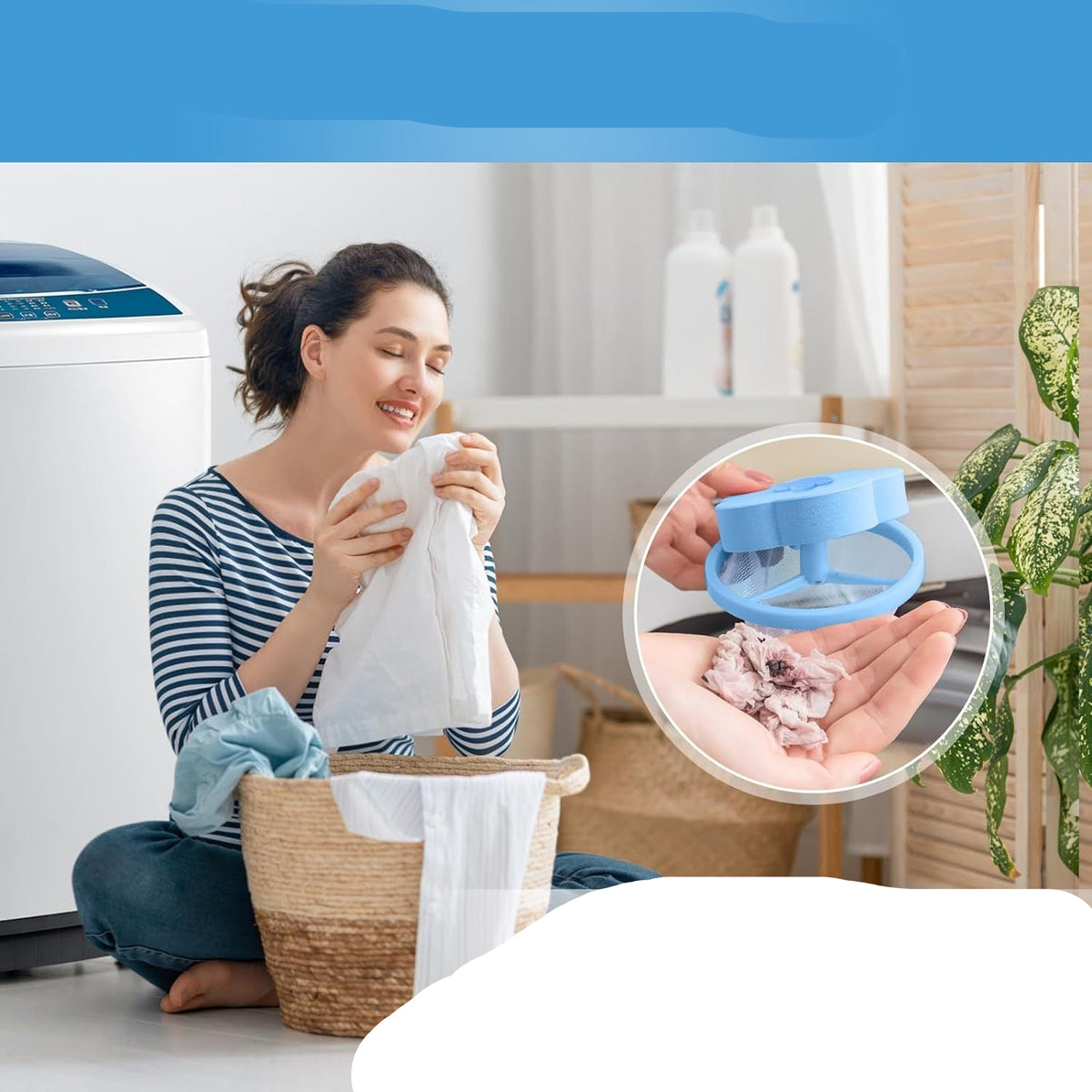 Woman using a hair filter in a laundry setting with text on how to use it.