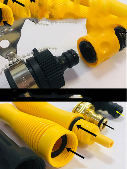 Close-up of a yellow flexible hose with black connectors on a white background.