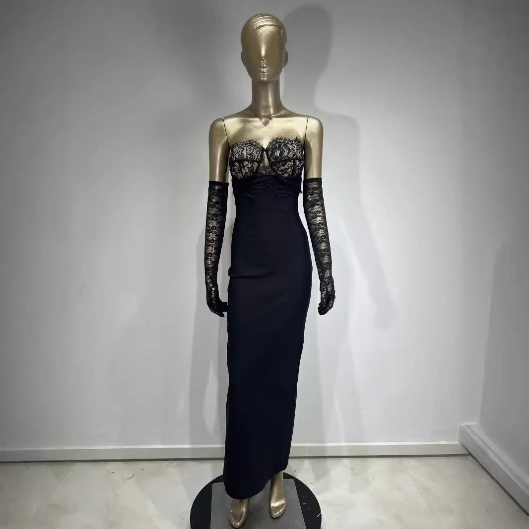 Bandage Black Lace Stitching Banquet Party Formal Dress