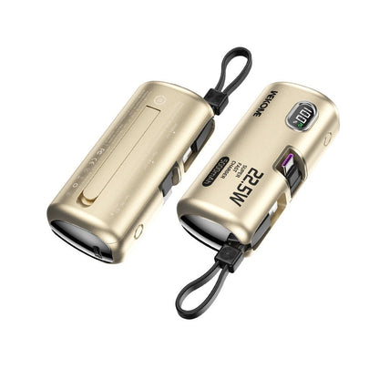 Gold power bank with digital display on a white background