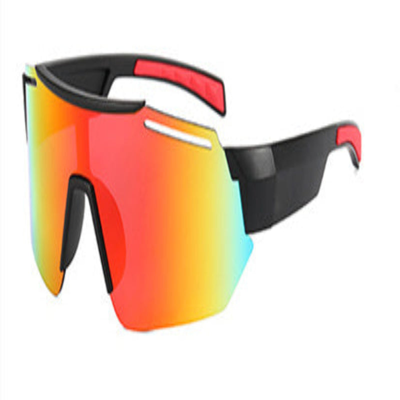 A pair of sporty sunglasses with a blue and multicolor frame and dark lenses suitable for outdoor activities.