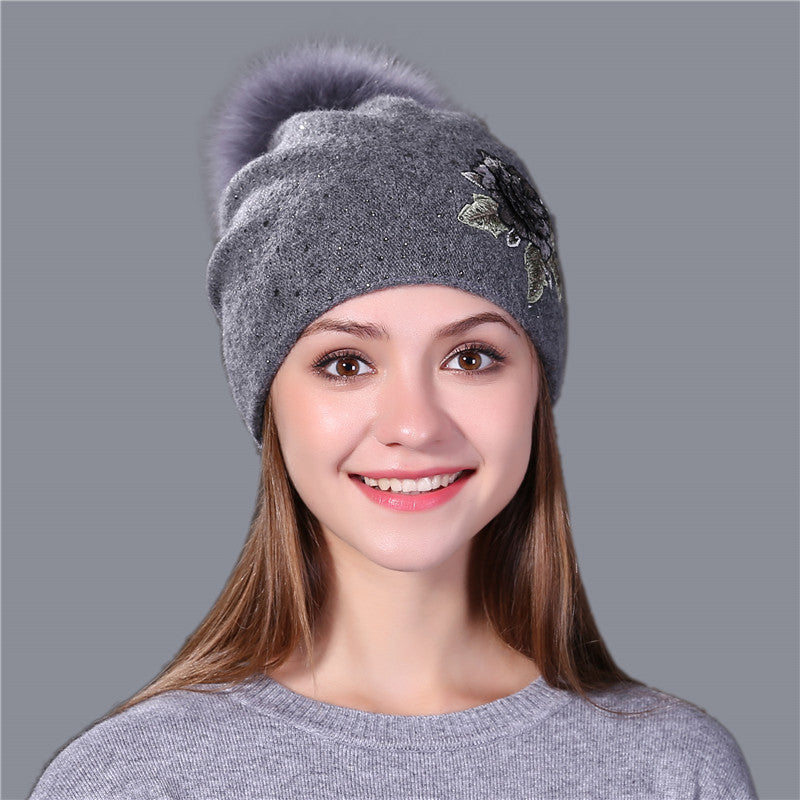 Fox Fur Ball Embroidery Knitted Hat