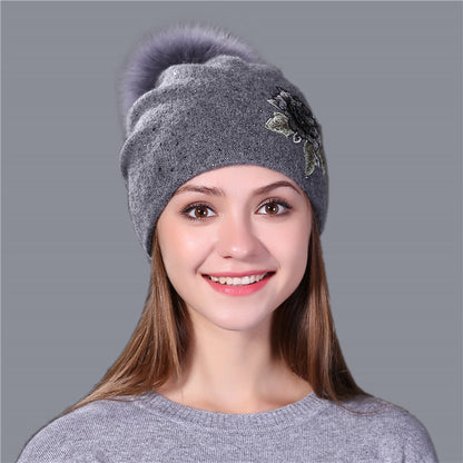 Fox Fur Ball Embroidery Knitted Hat