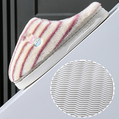 Ins Plush Striped Slippers - Winter Warm Letter Embroidered Shoes