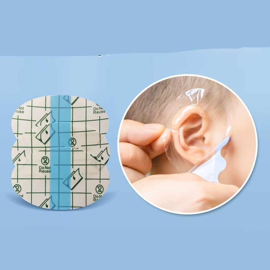Waterproof ear protectors for adults and babies with a close-up of an ear wearing the protector on a blue background.