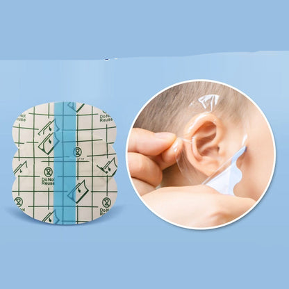 Waterproof ear protectors for adults and babies with a close-up of an ear wearing the protector on a blue background.