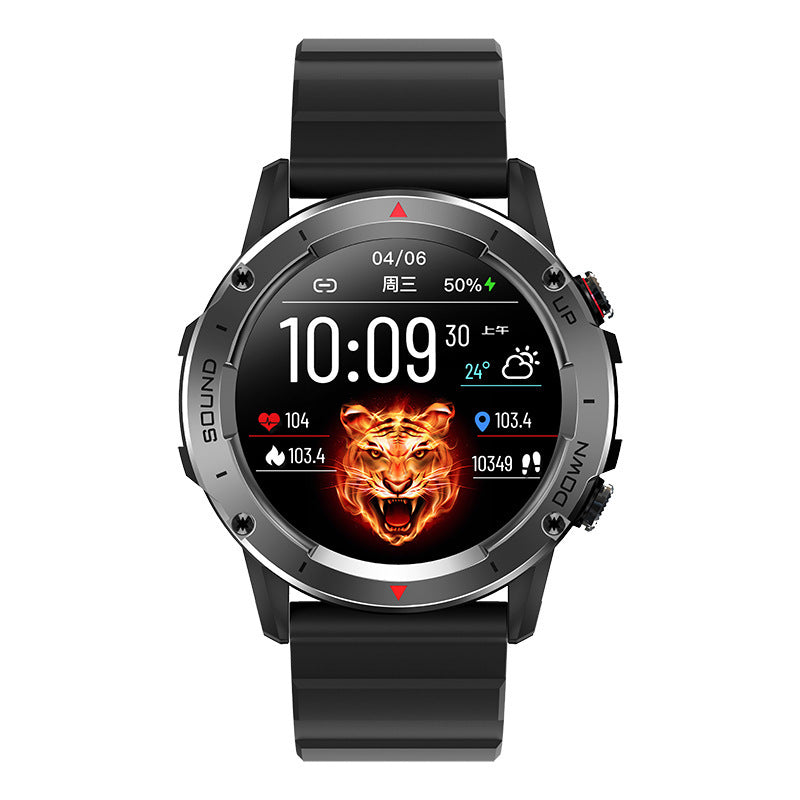 Smartwatch with a black strap and colorful display on a white background