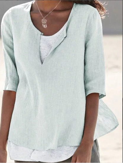 2025 Spring And Summer V-neck Solid Color Cotton And Hemp Medium Sleeve Women's Shirt