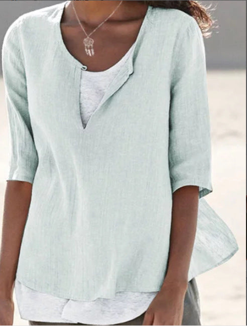 2025 Spring And Summer V-neck Solid Color Cotton And Hemp Medium Sleeve Women's Shirt