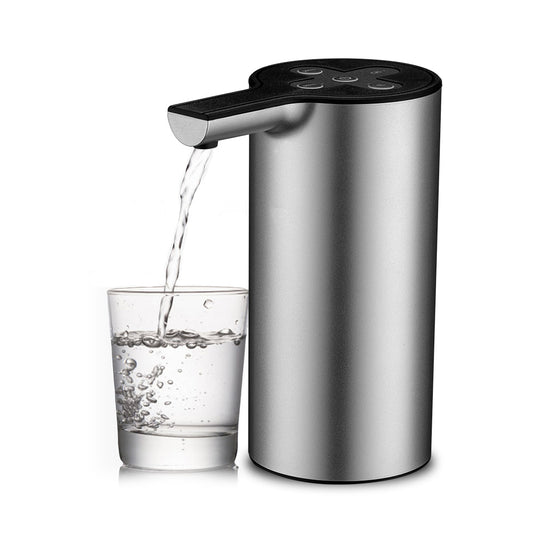 Stainless steel water dispenser pouring water into a glass on a white background