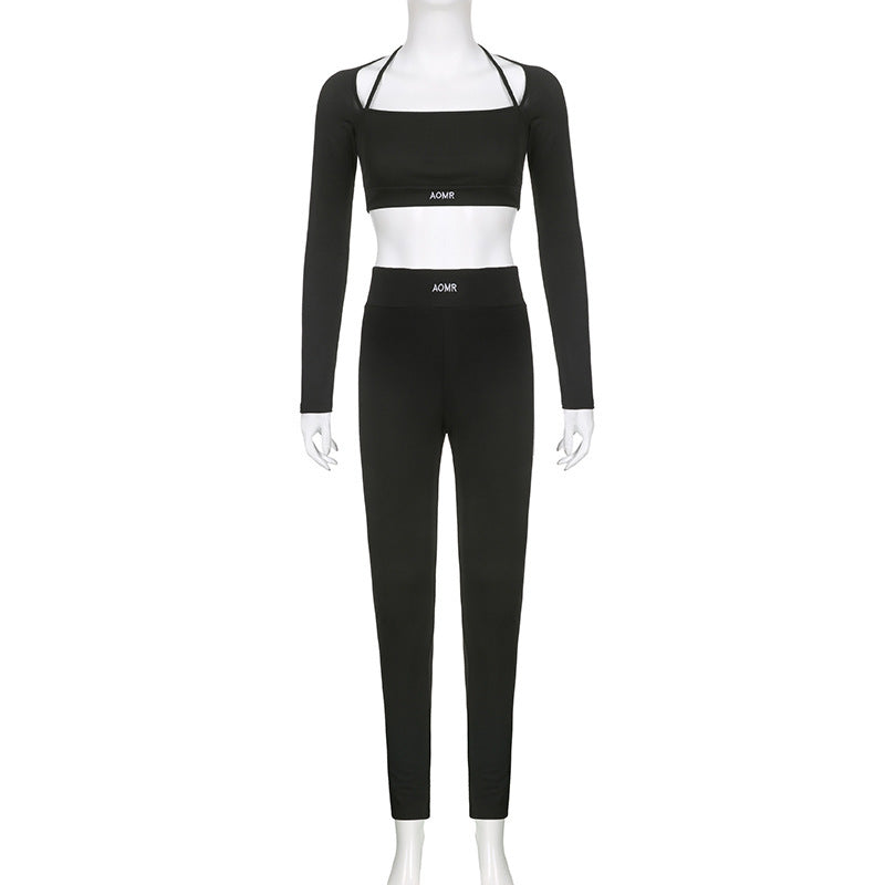 Solid Color Knitted Letter Body-Hugging Suit - Long Sleeve Top & High Waist Leggings Set