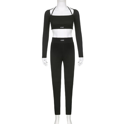 Solid Color Knitted Letter Body-Hugging Suit - Long Sleeve Top & High Waist Leggings Set