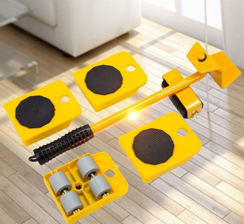 Yellow floor leveling tool set on a wooden floor