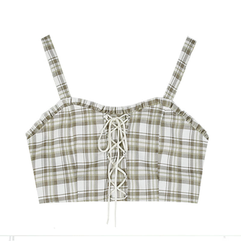 Sweet And Spicy Plaid Pleated Skirt Set Summer College Style Retro Bra Suspender Vest Short White Sunscreen Blouse
