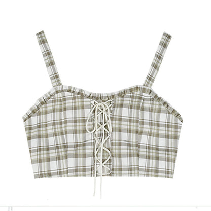 Sweet And Spicy Plaid Pleated Skirt Set Summer College Style Retro Bra Suspender Vest Short White Sunscreen Blouse