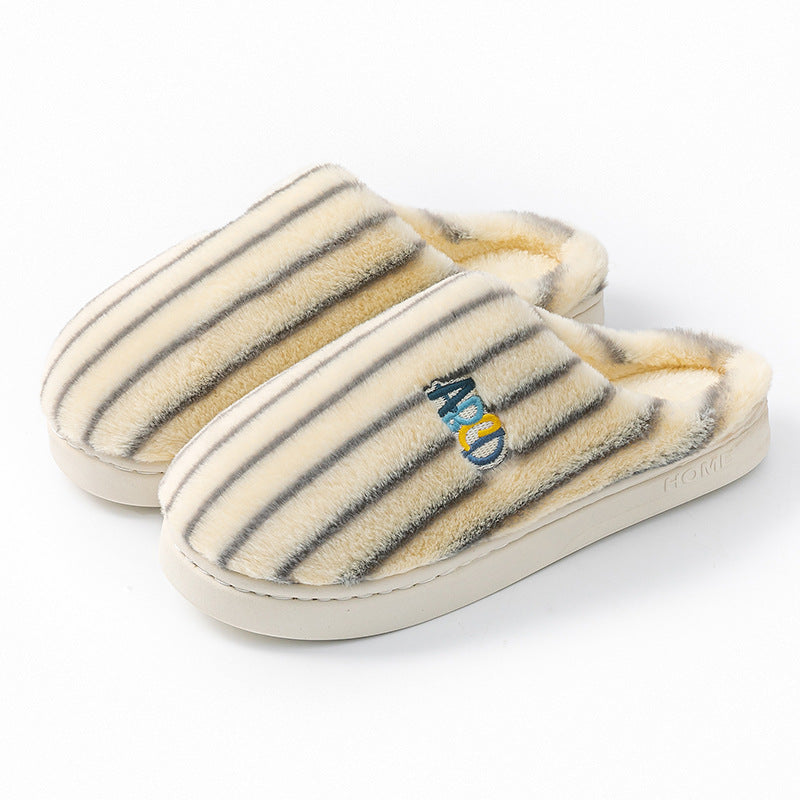 Ins Plush Striped Slippers - Winter Warm Letter Embroidered Shoes