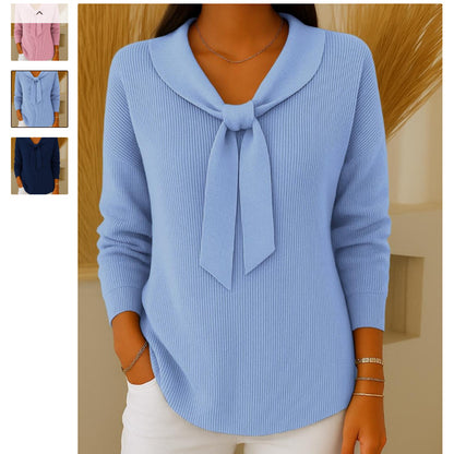 Women's Solid Color Loose Knitted Bow Sweater - Casual Japanese & Korean Style