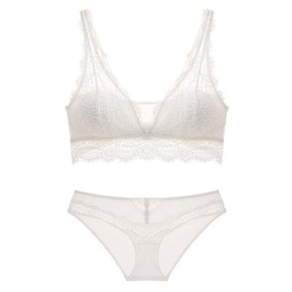 White lace bra and panties set on a white background