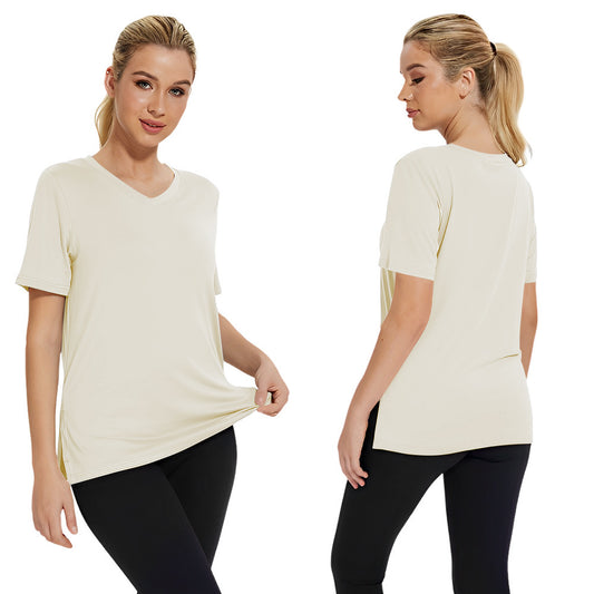 Summer New Solid Color Women's Short Sleeve Loose Split Top